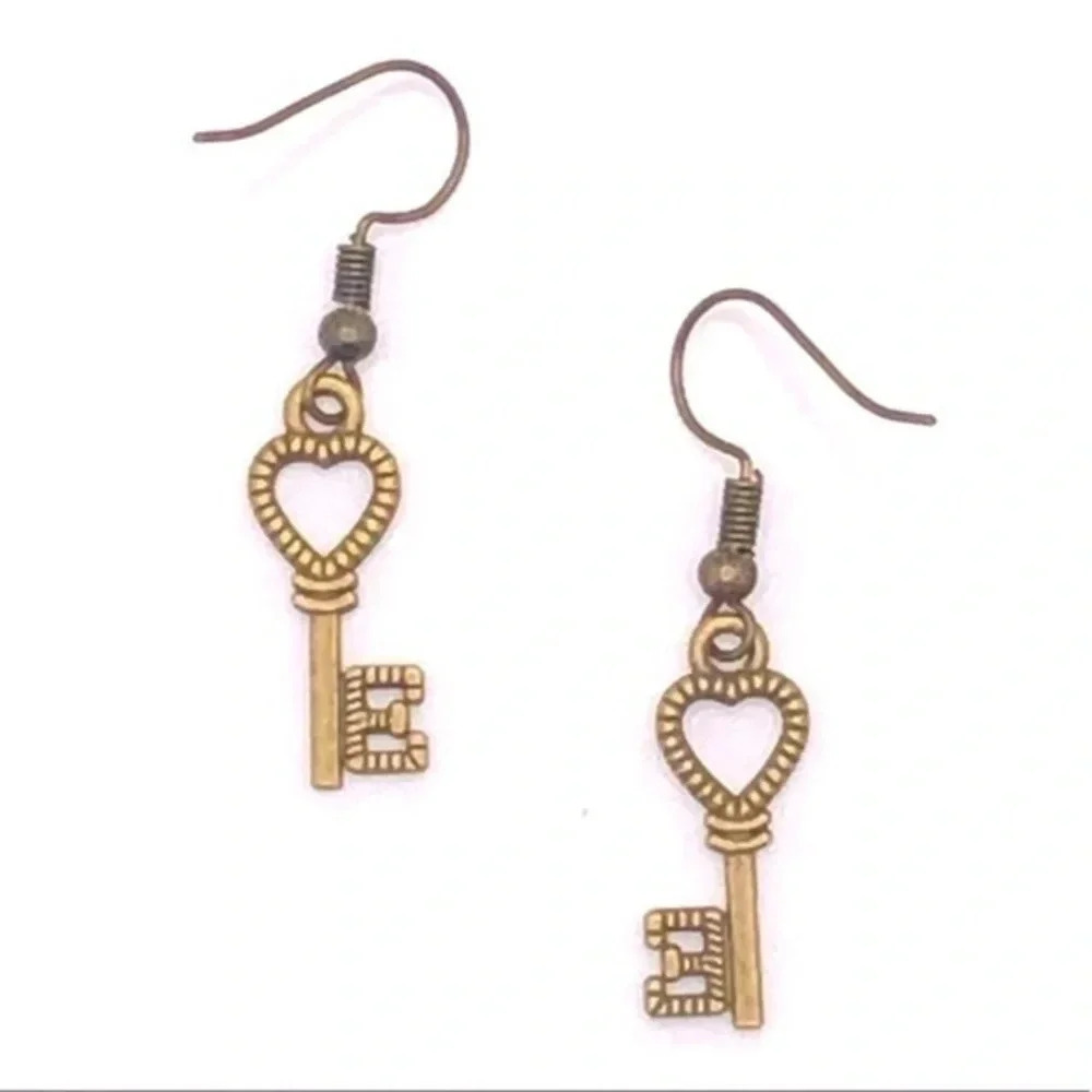 Antique Bronze Style Handmade Heart Key Earrings J NWT